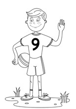 Boy Soccer Player With The Ball Waving His Hand. Player Number 9. Coloring For Boys.