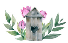 Birdhouse With Flowers And Birds. Wall Sticker. Artistic, Color, Hand-drawn