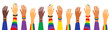 LGBT Pride Month holiday, People. Hands up gay parade. Vector illustration