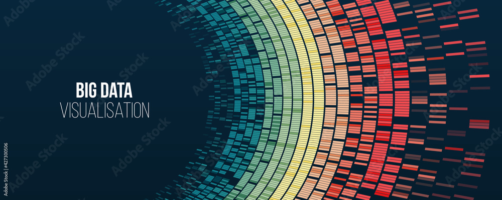 Big data visualization. Information analytics concept. Abstract stream information with circles array and binary code. Filtering machine algorithms. Sorting data. Vector technology background. - obrazy, fototapety, plakaty 