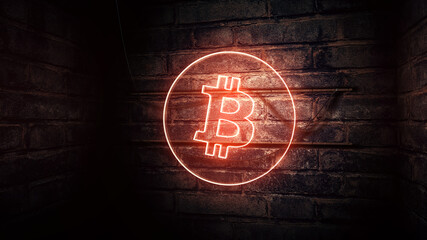 Wall Mural - Bitcoin cryptocurrency neon sign mounted on the brick wall