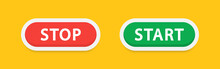 Start And Stop Buttons. Web Buttons Isolated On Yellow Background. Green And Red Buttons. Press Button Icon Vector. Vector Illustration. EPS 10