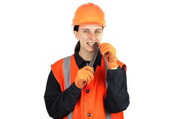 female builder with a wrench in hand. Isolated on white