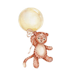 Cute cartoon tiger with big yellow balloon; watercolor hand drawn illustration; can be used for kid posters or cards; with white isolated background