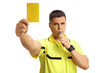 © Ljupco Smokovski - Football referee blowing a whistle and showing a yellow card