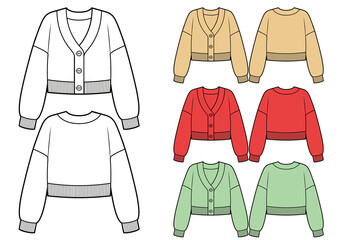 Wall Mural - Set of crop cardigans fashion flat sketches, different colors
