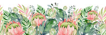 Watercolor Seamless Pattern Composition Of Delicate Flowers And Plants