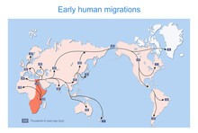 Early Human Migrations. Map Of The Spread Of Humans Around The World.