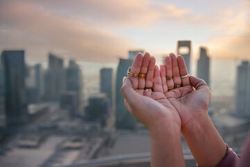 Praying hands with faith in religion and belief in God on blessing background. Power of hope or love and devotion. No Face