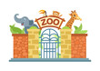Zoo entrance gate. The zoo is home to an elephant, a giraffe, a monkey, a parrot. Vector illustration in cartoon style isolated.