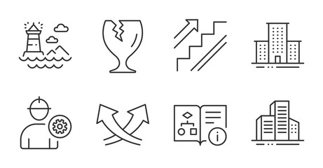 Poster - university campus, intersection arrows and lighthouse line icons set. stairs, engineer and fragile p