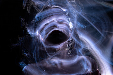 lightpainting portrait, new art direction, long exposure photo without photoshop, light drawing at l