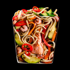 Sticker - Asia food. Udon noodles with salmon and shrimp in the box. Stir fry noodles or wok noodles with shrimps and vegetables