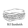 © Victoria Sergeeva - BLT sandwich with bacon, lettuce and tomato drawn outline vector illustration.