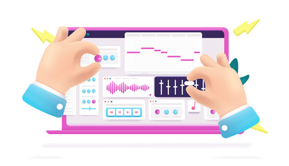 Poster - Sound engineer - Hands working on laptop computer making music and audio, sculpturing sounds. 3d vector cartoon illustration.