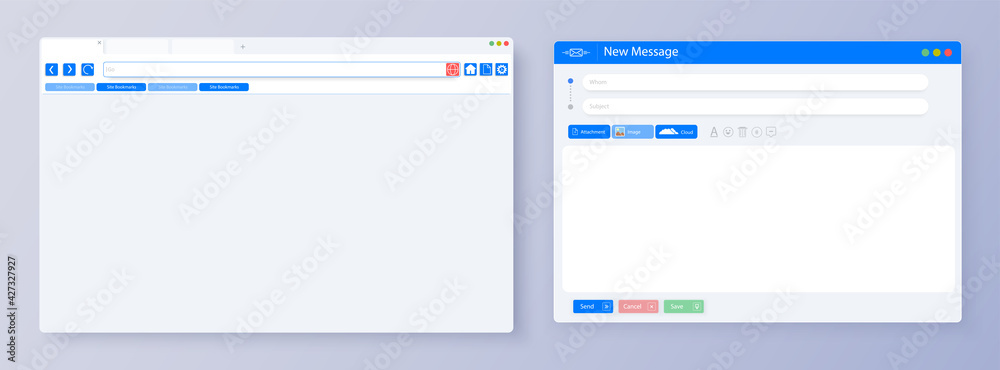 Blank UI, UX minimal browser window for computer. Mockup for responsive web design. Email message window. Mail app interface. Vector illustration - obrazy, fototapety, plakaty 