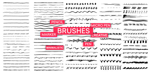 Poster - Set of artistic pen brushes. Vintage doodle underlines. Hand drawn grunge strokes. Scribble marker borders, sketch underlines