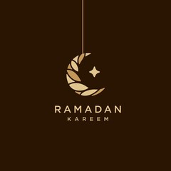 Wall Mural - Arabic moon ramadan lantern, simple ramadan Kareem vector , Eid Mubarak Greeting Line icon minimal vector design with hanging golden crescent moon and star