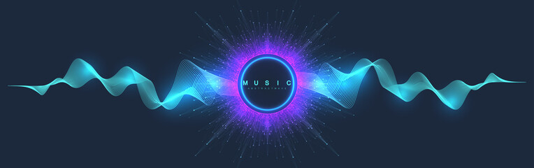Poster - Music abstract background. Music wave poster design. Sound flyer with abstract gradient line waves, vector concept