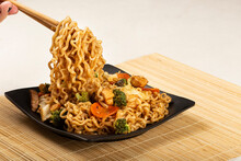 Yakisoba Noodles. Yakisoba Dish With Meat, Chicken And Vegetables.