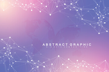 Fototapete - Geometric abstract background with connected lines and dots. Connectivity flow point. Molecule and communication background. Graphic connection background for your design. Vector illustration.