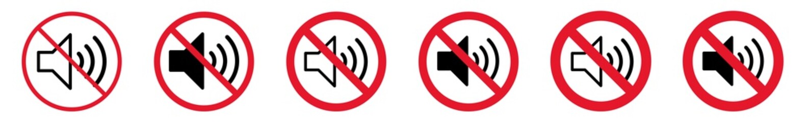 Wall Mural - Prohibition Sign Sound Forbidden Icon Set | Loud Speaker Prohibition Signs Prohibited Vector Illustration Logo | Audio Volume Prohibition Sign Isolated Collection