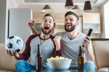 Two happy buddies sitting on sofa, watching football play live broadcast and celebrating their favourite team victory