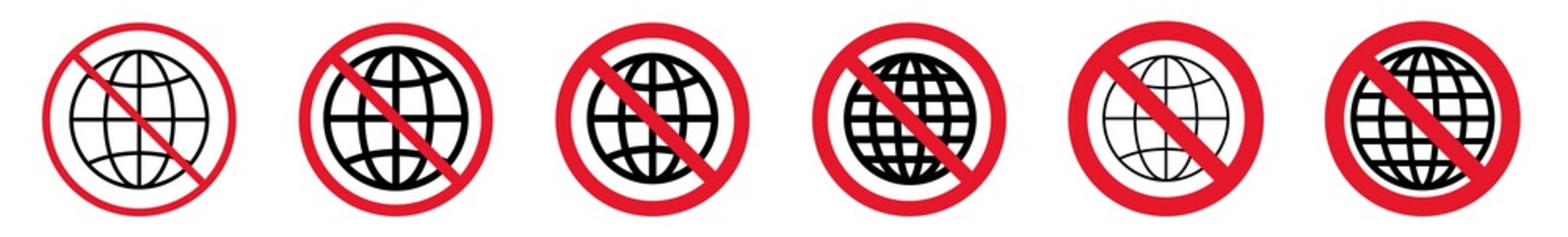 Wall Mural - Prohibition Sign Planet Earth Forbidden Icon Set | World Globe Prohibition Signs Prohibited Vector Illustration Logo | Internet Earth Globe Prohibition Sign Isolated Collection
