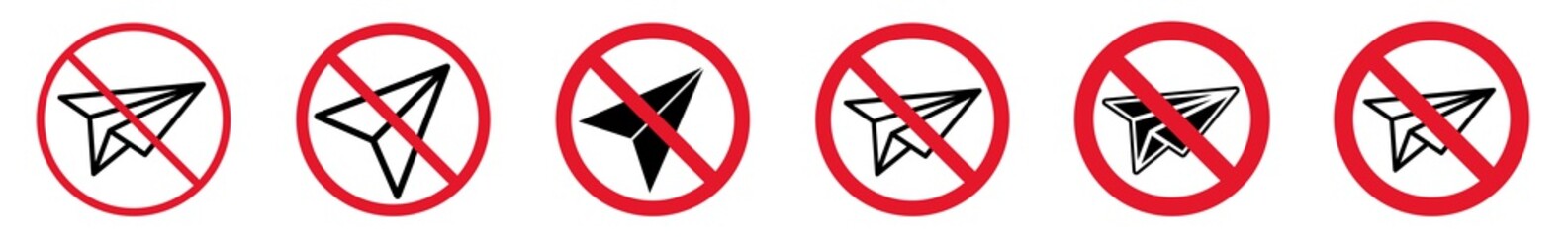 Wall Mural - Prohibition Sign Paper Plane Forbidden Icon Set | News Planes Prohibition Signs Send Prohibited Vector Illustration Logo | Message Sending Prohibition Sign Isolated Collection