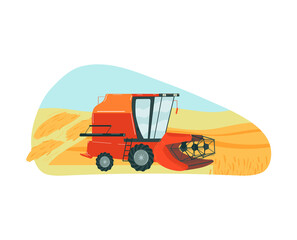 Wall Mural - Combine harvester harvests farm, machinery for agriculture, wheat farmland, cartoon style vector illustration, isolated on white.