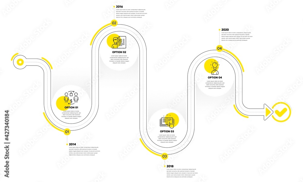 Interview Timeline. Visual Buying process, Technical documentation and Job interview line icons ...
