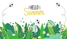 Summer Background With Colorful Green Leaves, Bees And Flowers On White Background. Spring Vector Flat Style Template For Banner, Flyer, Wallpaper, Brochure, Greeting Card. Cartoon Vector Illustration