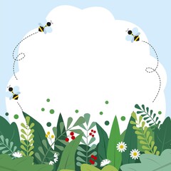 Flat style summer or spring background with leaves, flowers and flying bees. Cartoon vector illustration design template for greeting card, poster, banner, sale, flyer etc. Colorful floral background