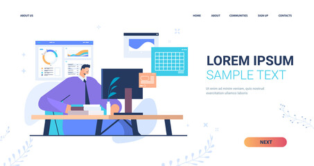 Poster - businessman at workplace analyzing charts and graphs data analysis process digital marketing