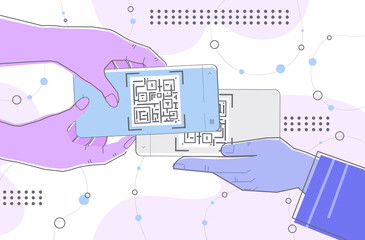 Poster - hands scanning qr code on smartphone screens electronic digital technology machine readable barcode 