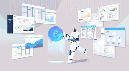 Poster - robot holding bitcoin crypto currency digital web money mining passive income earnings   artificial 