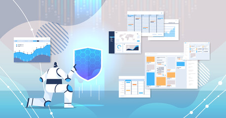 Poster - robot holding shield web data security technology protection   artificial intelligence concept