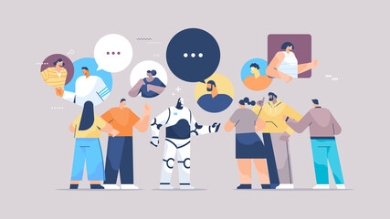 Poster - cute robot discussing with mix race people during meeting chat bubble communication artificial intelligence technology