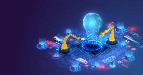 Aufkleber - Production automation technology. Industrial mechanical robot hand machine projects a light bulb as a symbol of a new idea. Vector illustration