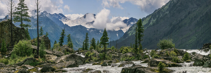 Sticker - Panoramic view of a wild mountain gorge, a turbulent river flows among the stones