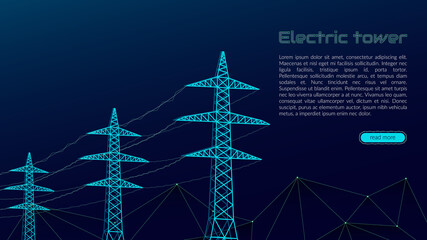 Stylized vector blue electric tower, electricity concept, power transmission, urbanization. On a dark blue background. Design template for websites, banners.