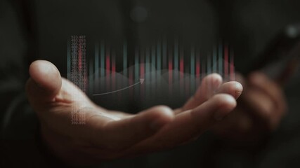 Fototapete - Hand with planning and strategy, Stock market, Business growth, progress or success concept. Businessman or trader is showing a growing virtual hologram stock, invest in trading.