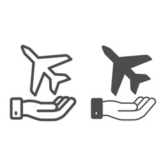 Poster - Plane in the palm line and solid icon, airlines concept, plane takes off from palm vector sign on white background, plane in hands outline style for mobile concept and web design. Vector graphics.