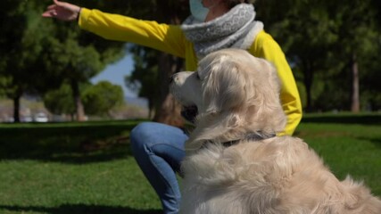 Poster - A Caucasian female in a facial mask playing with her Golden Retriever in a park in slow motion - new normal concept