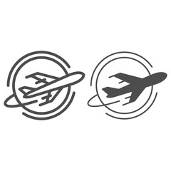 Poster - Flying plane around globe line and solid icon, airlines concept, around world vector sign on white background, plane flying globe outline style for mobile concept and web design. Vector graphics.