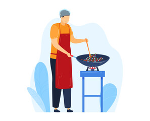 Man preparing pan, preparing frying vegetables, male food, cooking kitchen background, design, flat style vector illustration.