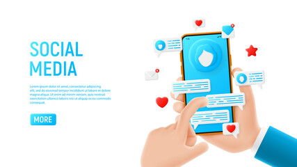 Poster - social media concept template. mockup with cartoon hands, smartphone and icons. template of smart ph
