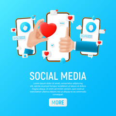 Poster - social media concept template. mockup with cartoon hands, smartphones and icons. template of smart p