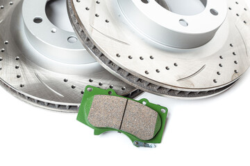 Wall Mural - Perforated brake discs, ceramic pads - everything for better braking. on a white background