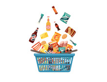 Blue Plastic Shopping Basket With Fresh Grocery Products Snacks Sausage And Soda Vector Illustration Isolated On White Background
